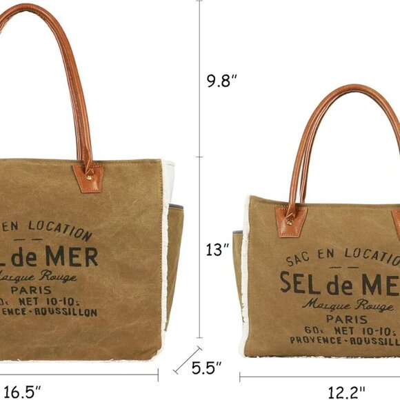 Sel De Mer Canvas HandBag Upcycled Canvas Vegan Leather Tote Bag, Large Brown - Picture 3 of 6